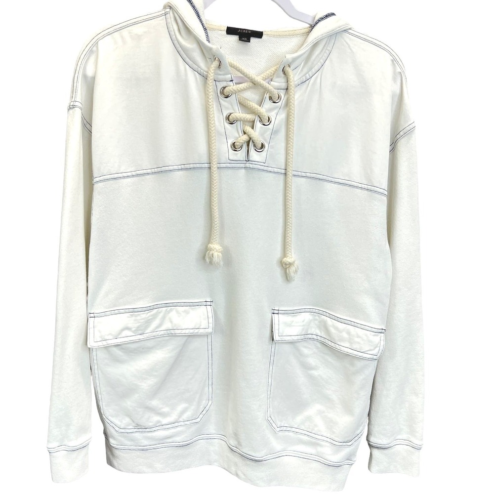 J.Crew Lace Up Hoodie Sweatshirt White Oversized Pocket Womens XS‎